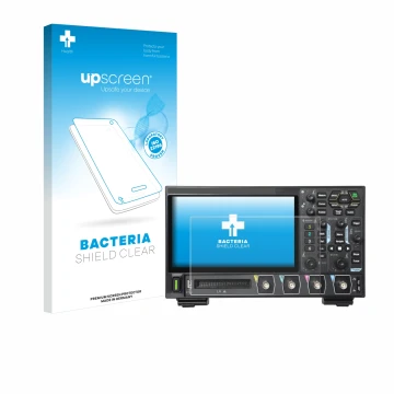 Vorderseite einer Produktverpackung mit dem Markenlogo upscreen. Daneben ist das Gerät Rigol DHO914 mit dem zugehörigen Displa