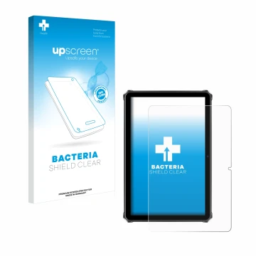 Vorderseite einer Produktverpackung mit dem Markenlogo upscreen. Daneben ist das Gerät Oukitel RT9 mit dem zugehörigen Display