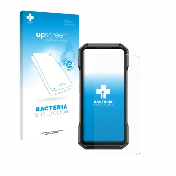 Vorderseite einer Produktverpackung mit dem Markenlogo upscreen. Daneben ist das Gerät Ulefone Armor 27 mit dem zugehörigen Di