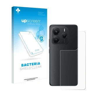 Vorderseite einer Produktverpackung mit dem Markenlogo upscreen. Daneben ist das Gerät Xiaomi Redmi Note 14 (Rückseite) mit de