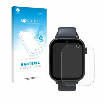 Vorderseite einer Produktverpackung mit dem Markenlogo upscreen. Daneben ist das Gerät Forever Kids Smartwatch mit dem zugehör