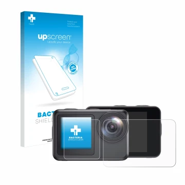 Vorderseite einer Produktverpackung mit dem Markenlogo upscreen. Daneben ist das Gerät Akaso Brave 7 LE mit dem zugehörigen Di