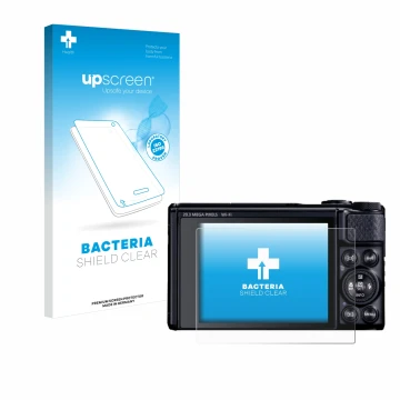 Vorderseite einer Produktverpackung mit dem Markenlogo upscreen. Daneben ist das Gerät Canon PowerShot SX740 HS Lite mit dem z