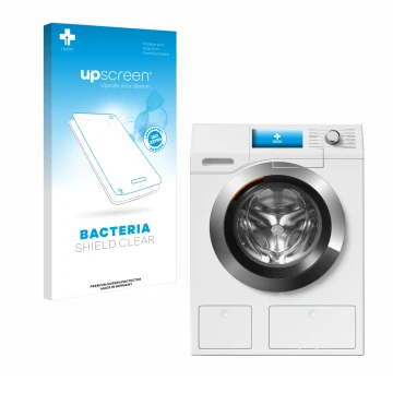 Vorderseite einer Produktverpackung mit dem Markenlogo upscreen. Daneben ist das Gerät Miele WEH875 mit dem zugehörigen Displa