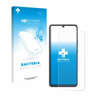Vorderseite einer Produktverpackung mit dem Markenlogo upscreen. Daneben ist das Gerät Cubot A20 mit dem zugehörigen Displaysc