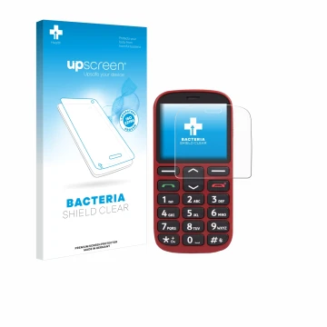 Vorderseite einer Produktverpackung mit dem Markenlogo upscreen. Daneben ist das Gerät Doro 1360 mit dem zugehörigen Displaysc