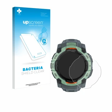 Vorderseite einer Produktverpackung mit dem Markenlogo upscreen. Daneben ist das Gerät Garmin Instinct 3 AMOLED (50 mm) mit de