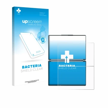 Vorderseite einer Produktverpackung mit dem Markenlogo upscreen. Daneben ist das Gerät Lenovo Yoga Book 9i Gen 10 mit dem zuge