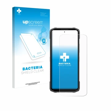 Vorderseite einer Produktverpackung mit dem Markenlogo upscreen. Daneben ist das Gerät Doogee Blade 10 Power mit dem zugehörig