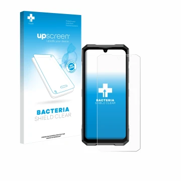 Vorderseite einer Produktverpackung mit dem Markenlogo upscreen. Daneben ist das Gerät Doogee Blade GT mit dem zugehörigen Dis