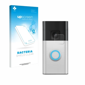 Vorderseite einer Produktverpackung mit dem Markenlogo upscreen. Daneben ist das Gerät Ring Battery Video Doorbell mit dem zug