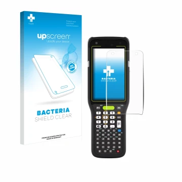 Vorderseite einer Produktverpackung mit dem Markenlogo upscreen. Daneben ist das Gerät Zebra MC3400 mit dem zugehörigen Displa