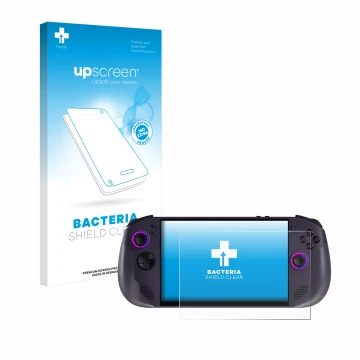 Vorderseite einer Produktverpackung mit dem Markenlogo upscreen. Daneben ist das Gerät Lenovo Legion Go S mit dem zugehörigen 