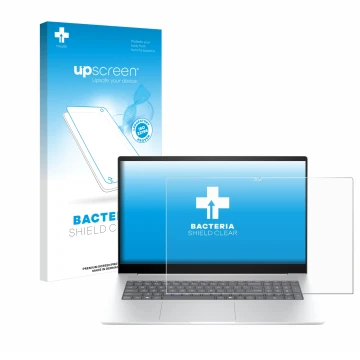 Vorderseite einer Produktverpackung mit dem Markenlogo upscreen. Daneben ist das Gerät HP Envy 17-da0777ng mit dem zugehörigen