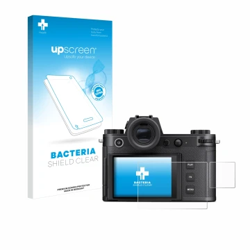 Vorderseite einer Produktverpackung mit dem Markenlogo upscreen. Daneben ist das Gerät Leica SL3-S (Display + Schulterdisplay)
