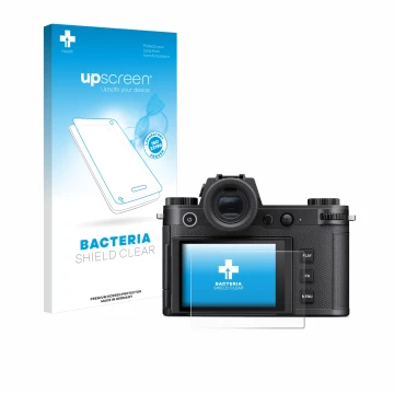 Vorderseite einer Produktverpackung mit dem Markenlogo upscreen. Daneben ist das Gerät Leica SL3-S mit dem zugehörigen Display