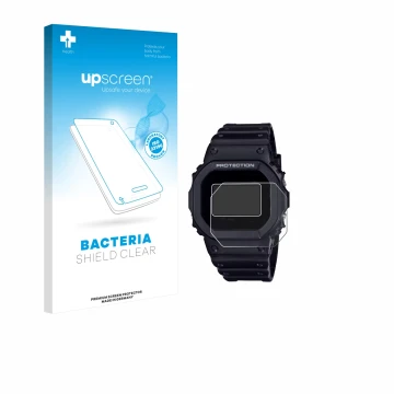 Vorderseite einer Produktverpackung mit dem Markenlogo upscreen. Daneben ist das Gerät Casio G-Shock DW-5600RL-1 mit dem zugeh