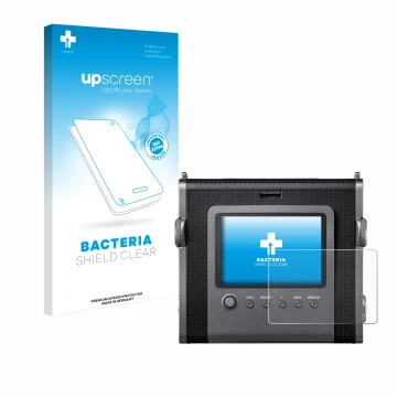 Vorderseite einer Produktverpackung mit dem Markenlogo upscreen. Daneben ist das Gerät Fujifilm Instax Wide Evo mit dem zugehö
