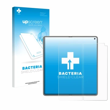 Vorderseite einer Produktverpackung mit dem Markenlogo upscreen. Daneben ist das Gerät Huawei Mate X6 (Inneres Display) mit de