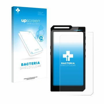 Vorderseite einer Produktverpackung mit dem Markenlogo upscreen. Daneben ist das Gerät Hiby R4 mit dem zugehörigen Displayschu