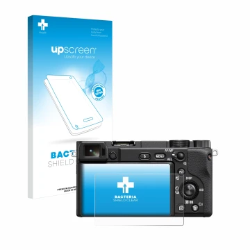 Vorderseite einer Produktverpackung mit dem Markenlogo upscreen. Daneben ist das Gerät Sony Alpha 6100A mit dem zugehörigen Di