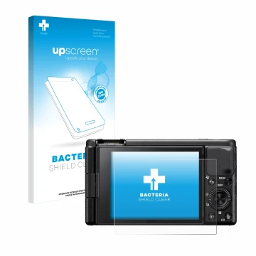Vorderseite einer Produktverpackung mit dem Markenlogo upscreen. Daneben ist das Gerät Sony ZV-1A mit dem zugehörigen Displays