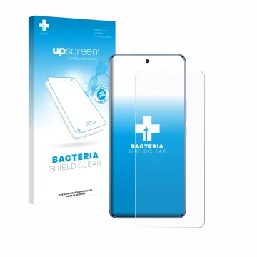 Vorderseite einer Produktverpackung mit dem Markenlogo upscreen. Daneben ist das Gerät Vivo V50 mit dem zugehörigen Displaysch