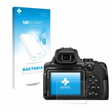 Vorderseite einer Produktverpackung mit dem Markenlogo upscreen. Daneben ist das Gerät Nikon Coolpix P1100 mit dem zugehörigen
