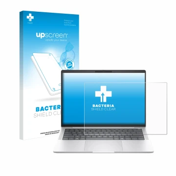Vorderseite einer Produktverpackung mit dem Markenlogo upscreen. Daneben ist das Gerät HP EliteBook 1040 G11 mit dem zugehörig