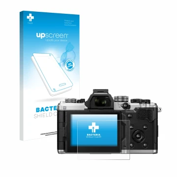 Vorderseite einer Produktverpackung mit dem Markenlogo upscreen. Daneben ist das Gerät OM System OM-3 mit dem zugehörigen Disp