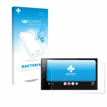 Vorderseite einer Produktverpackung mit dem Markenlogo upscreen. Daneben ist das Gerät Pioneer SPH-DA77DAB mit dem zugehörigen