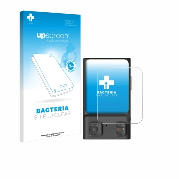 Vorderseite einer Produktverpackung mit dem Markenlogo upscreen. Daneben ist das Gerät Hoverair Beacon mit dem zugehörigen Dis