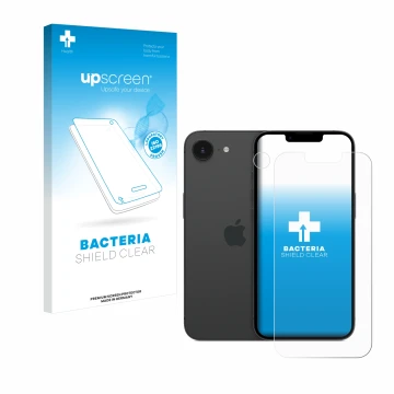 Vorderseite einer Produktverpackung mit dem Markenlogo upscreen. Daneben ist das Gerät Apple iPhone 16e (Display+Kamera) mit d