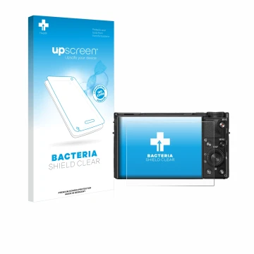 Vorderseite einer Produktverpackung mit dem Markenlogo upscreen. Daneben ist das Gerät Sony Cyber-Shot DSC-RX100 VIIA mit dem 