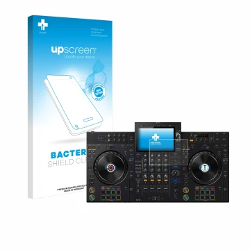 Vorderseite einer Produktverpackung mit dem Markenlogo upscreen. Daneben ist das Gerät Pioneer XDJ-AZ mit dem zugehörigen Disp
