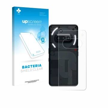 Vorderseite einer Produktverpackung mit dem Markenlogo upscreen. Daneben ist das Gerät Nothing Phone (3a) (Rückseite) mit dem 