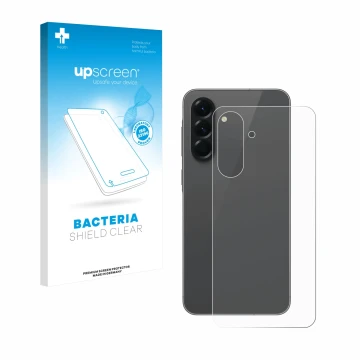 Vorderseite einer Produktverpackung mit dem Markenlogo upscreen. Daneben ist das Gerät Samsung Galaxy A56 5G (Rückseite) mit d