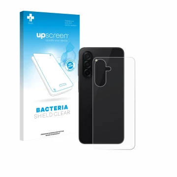Vorderseite einer Produktverpackung mit dem Markenlogo upscreen. Daneben ist das Gerät Samsung Galaxy A26 5G (Rückseite) mit d