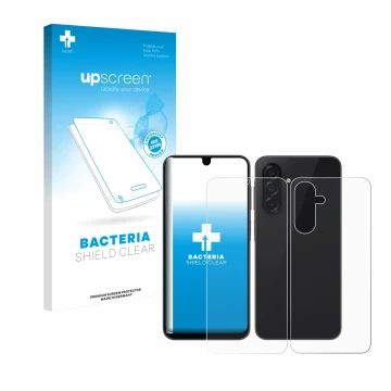 Vorderseite einer Produktverpackung mit dem Markenlogo upscreen. Daneben ist das Gerät Samsung Galaxy A26 5G (Display+Rückseit