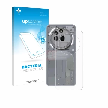 Vorderseite einer Produktverpackung mit dem Markenlogo upscreen. Daneben ist das Gerät Nothing Phone (3a) Pro (Rückseite) mit 