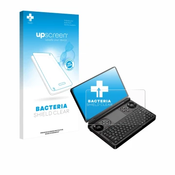Vorderseite einer Produktverpackung mit dem Markenlogo upscreen. Daneben ist das Gerät GPD Win Mini (2025) mit dem zugehörigen
