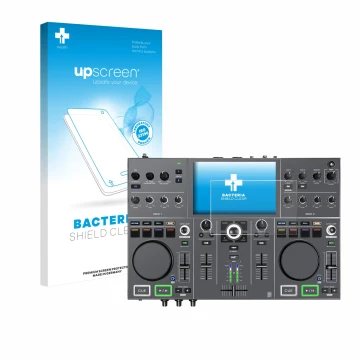 Vorderseite einer Produktverpackung mit dem Markenlogo upscreen. Daneben ist das Gerät Denon DJ Prime Go+ mit dem zugehörigen 