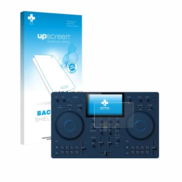 Vorderseite einer Produktverpackung mit dem Markenlogo upscreen. Daneben ist das Gerät AlphaTheta OMNIS-Duo (Jog) mit dem zuge
