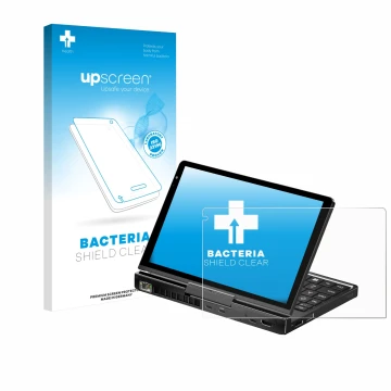 Vorderseite einer Produktverpackung mit dem Markenlogo upscreen. Daneben ist das Gerät GPD Pocket 4 mit dem zugehörigen Displa