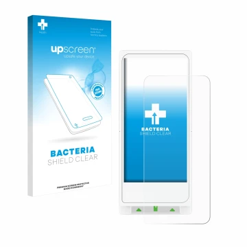 Vorderseite einer Produktverpackung mit dem Markenlogo upscreen. Daneben ist das Gerät Clover Flex mit dem zugehörigen Display
