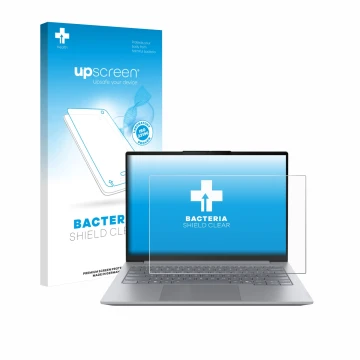 Vorderseite einer Produktverpackung mit dem Markenlogo upscreen. Daneben ist das Gerät Lenovo ThinkBook 14 Gen 8 mit dem zugeh