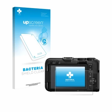 Vorderseite einer Produktverpackung mit dem Markenlogo upscreen. Daneben ist das Gerät Canon EOS R50 V mit dem zugehörigen Dis