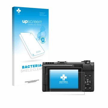 Vorderseite einer Produktverpackung mit dem Markenlogo upscreen. Daneben ist das Gerät Canon PowerShot V1 mit dem zugehörigen 