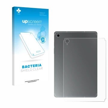 Vorderseite einer Produktverpackung mit dem Markenlogo upscreen. Daneben ist das Gerät Samsung Galaxy Tab S10 FE (Rückseite) m