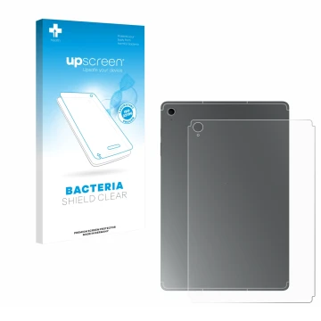 Vorderseite einer Produktverpackung mit dem Markenlogo upscreen. Daneben ist das Gerät Samsung Galaxy Tab S10 FE+ (Rückseite) 